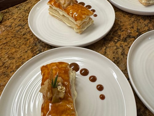 Mille-feuille dessert with caramel glaze