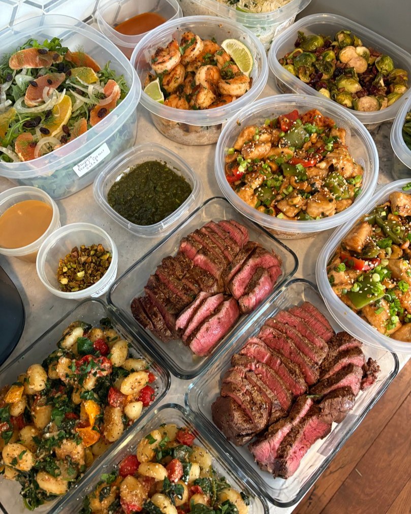 Meal prep components arranged in individual containers