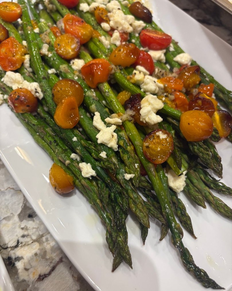 Roasted asparagus with blistered tomatoes