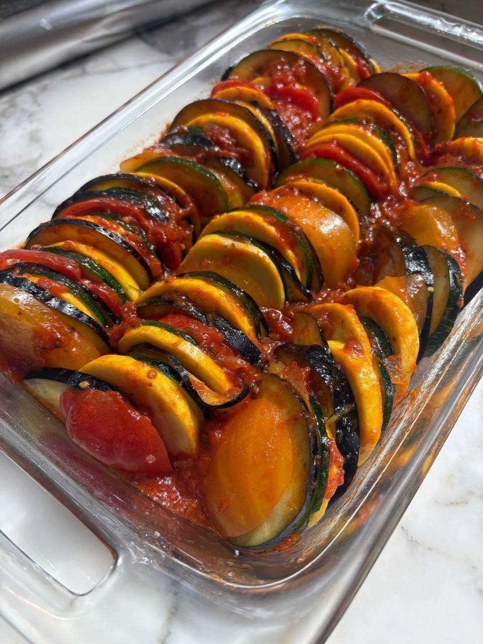 dish of zucchini and tomatoes