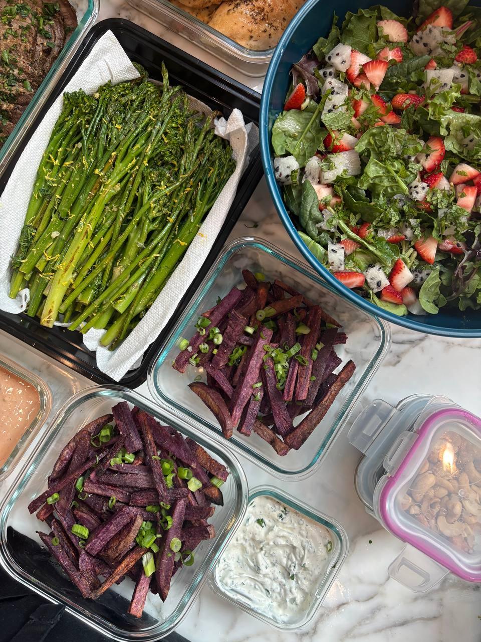 variety of foods including a bowl of salad