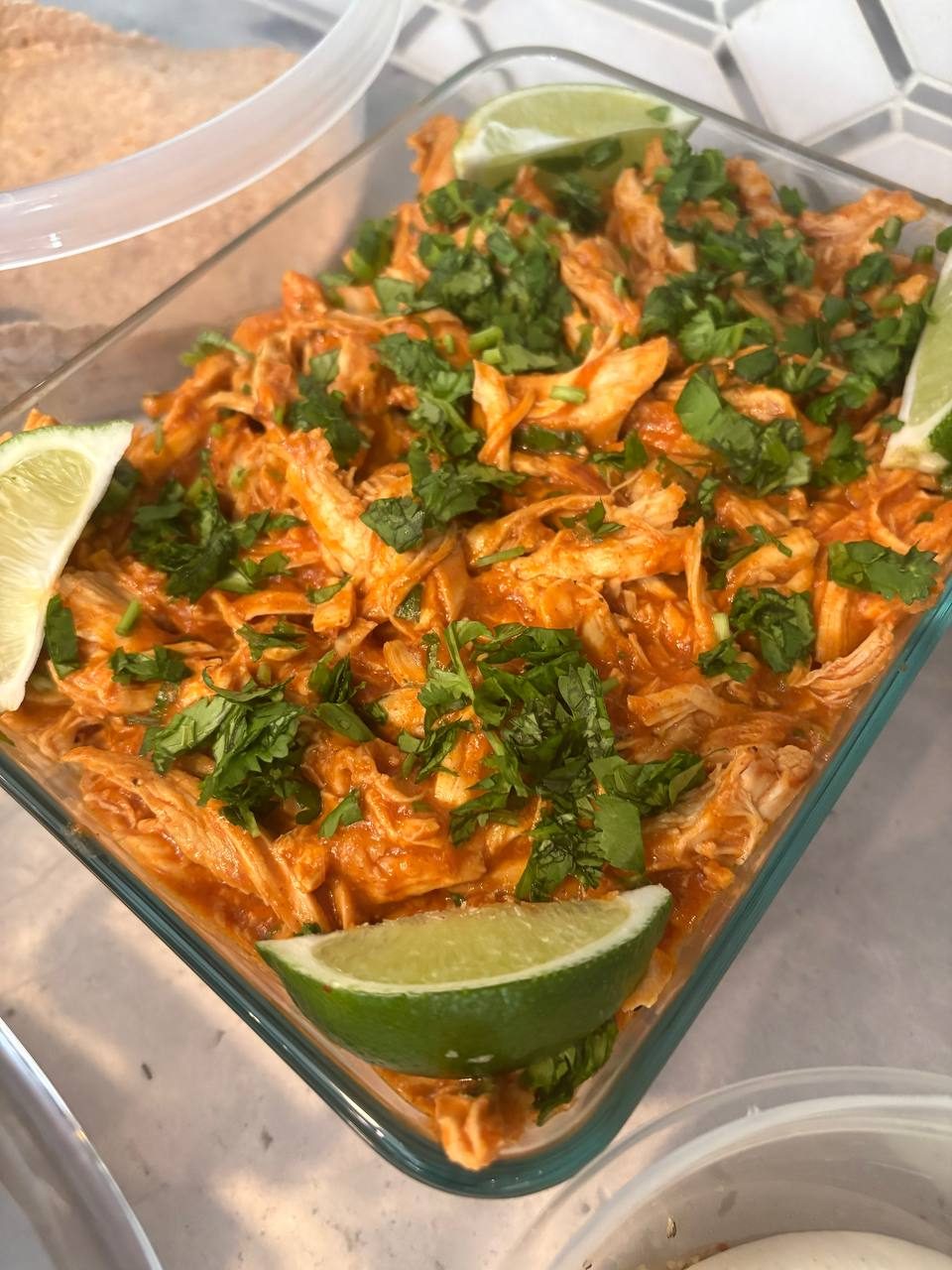 large glass bowl filled with a delicious chicken