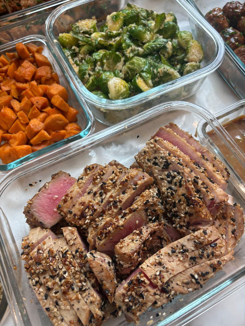 Close-up of seared sesame-crusted tuna slices.