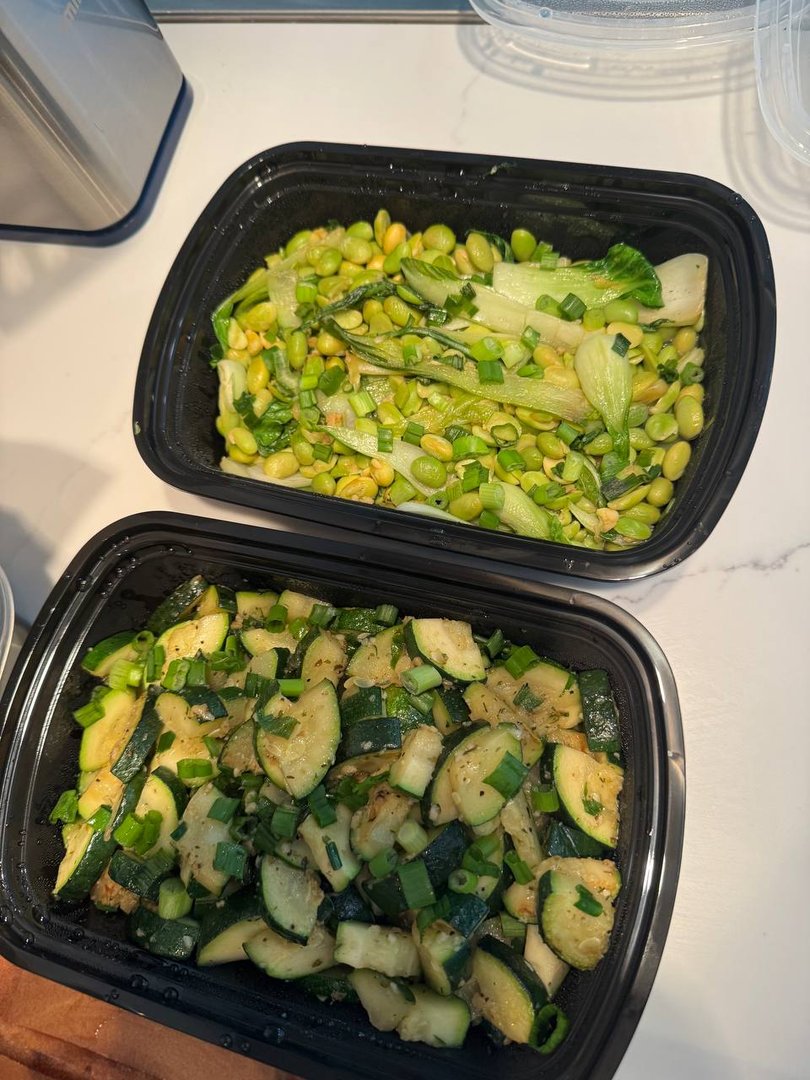 Prepared edamame, bok choy, and zucchini with green onions