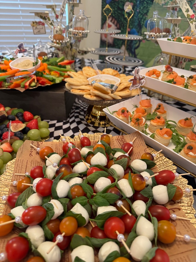 Close-up of tomato mozzarella skewers.
